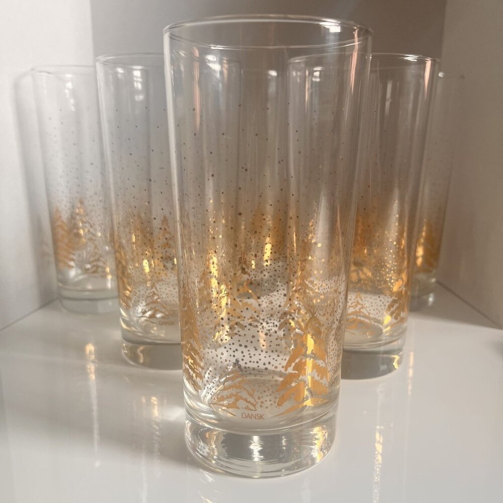 Dansk Golden Pines 16 Oz Straight Glass Tumblers  (6) Winter Holiday Christmas